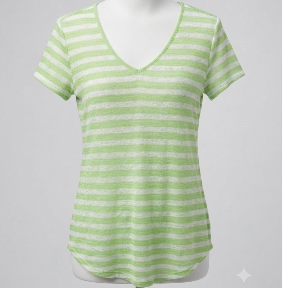a.n.a A New Approach Lime Green White Striped V-Neck Knit Top Womens Medium